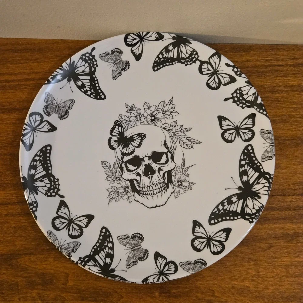 Skull and Butterfly Melamine Plate Set 8pc Gothic Black White Dinnerware Service